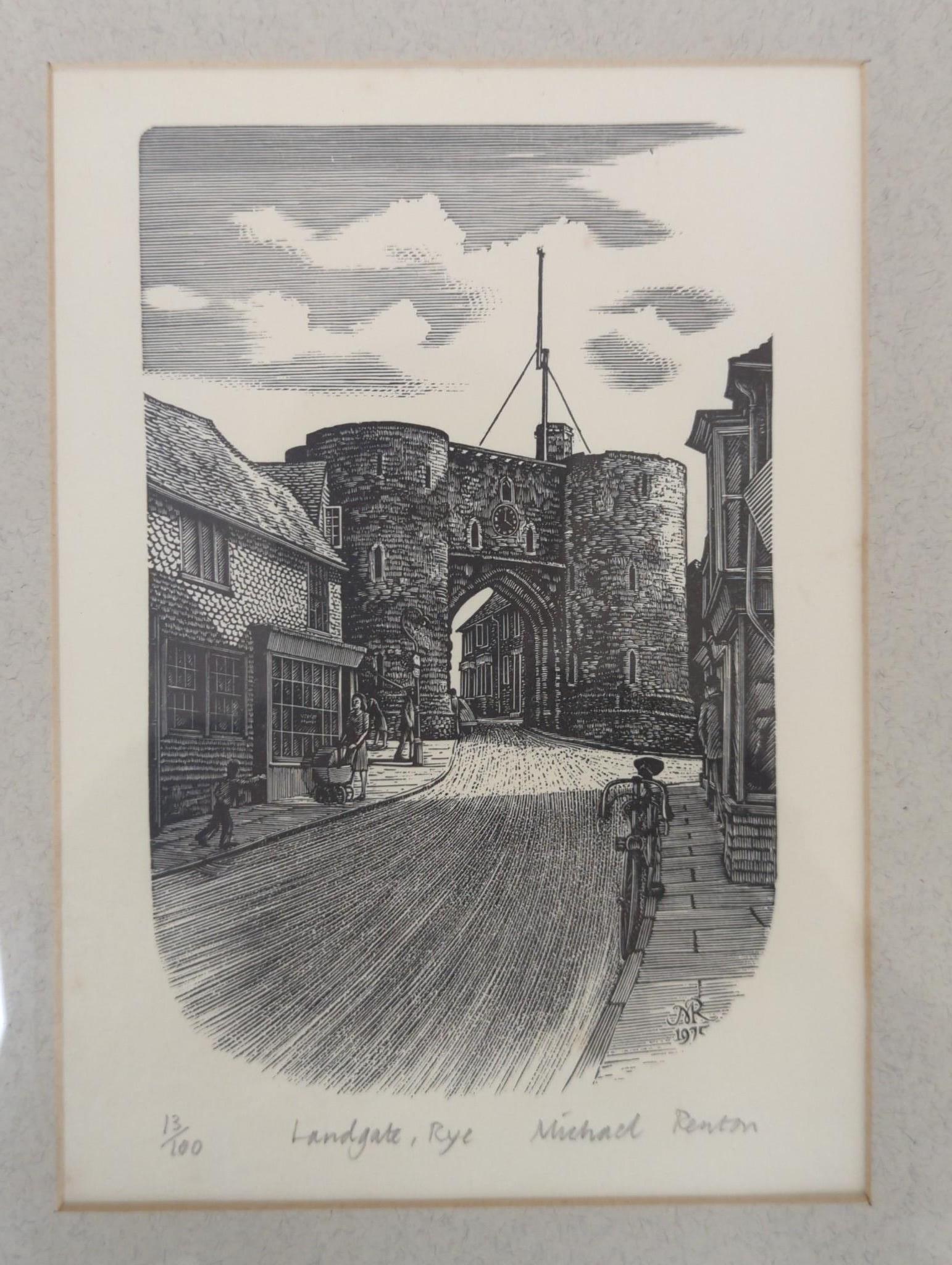 Michael Renton (1934-2001), wood engraving, 'The Manor House', signed, 18/50, 13 x 19cm, and an unsigned print of sun rising over the downs, 25 x 18cm, and another 'The Landgate, Rye'